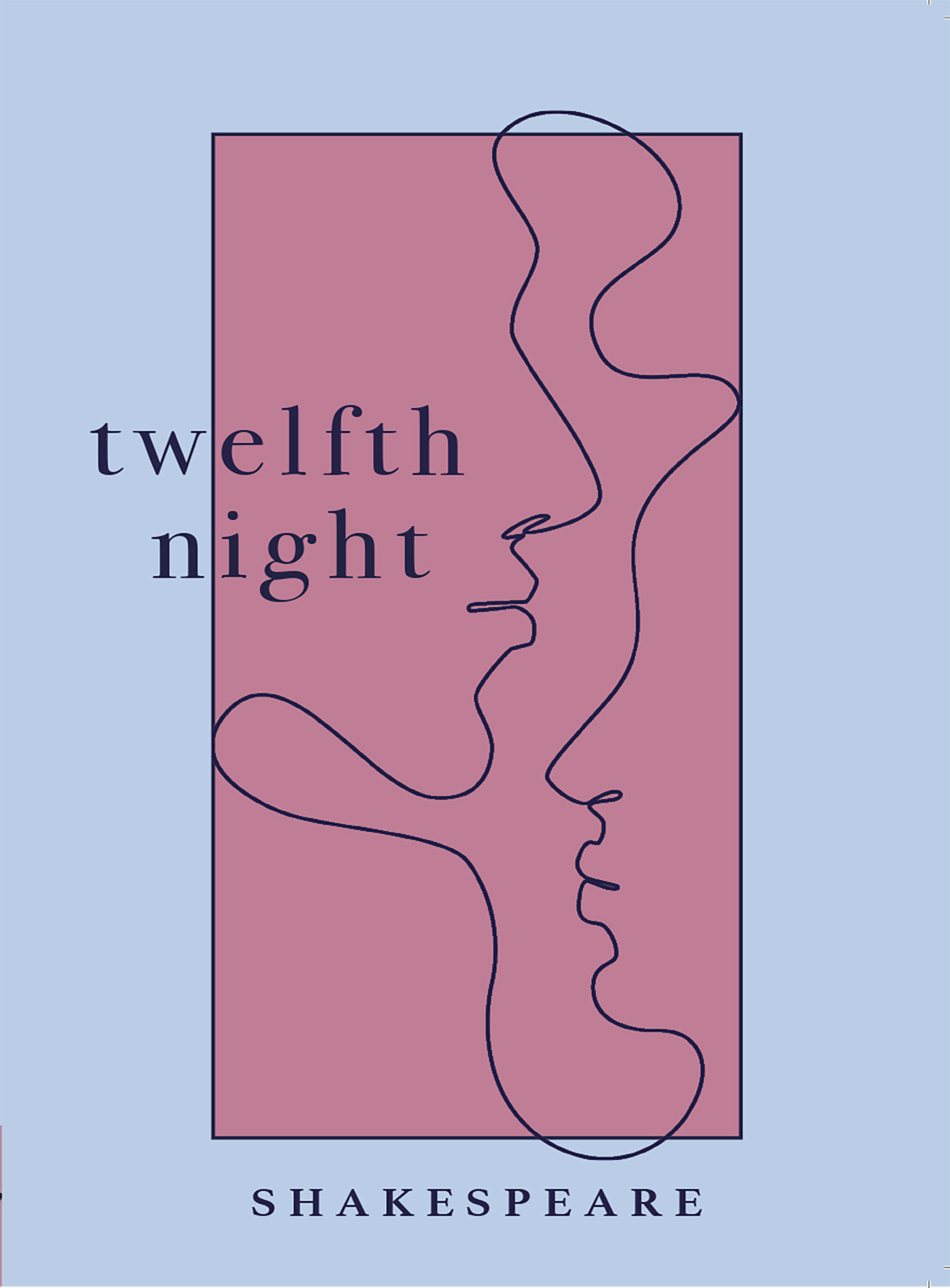 a line drawing of a male and female profile facing each other in a pink box bordered by a blue box